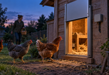 Are Automatic Chicken Coop Doors Worth It? Pros, Cons, and Who Should Buy One Automatic chicken coop door at dusk as hens return to the coop