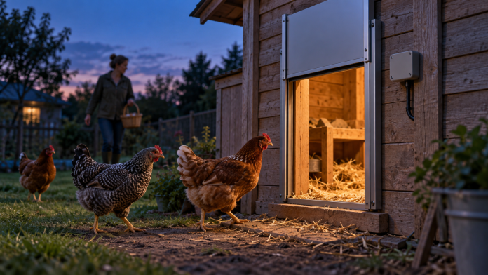 Automatic chicken coop door at dusk as hens return to the coop