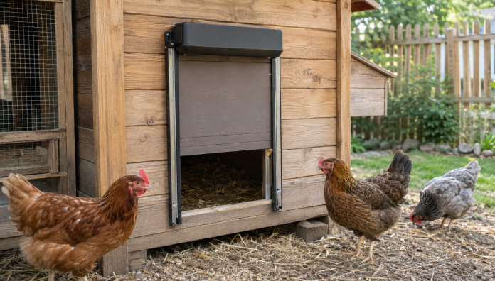 Automatic chicken coop door partly open on a backyard chicken coop