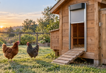 Best Automatic Chicken Coop Doors: A Practical Buyer’s Guide Wooden chicken coop with an automatic door and chickens outside