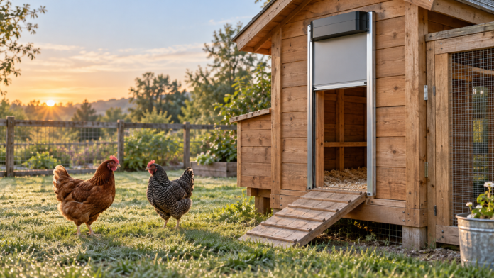 Wooden chicken coop with an automatic door and chickens outside
