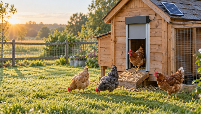 Wooden chicken coop with a solar automatic door and hens outside