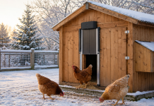 Best Automatic Chicken Coop Doors for Cold Weather: Winter Buyer’s Guide Automatic chicken coop door on a snowy backyard coop in winter