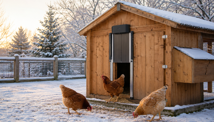 Automatic chicken coop door on a snowy backyard coop in winter