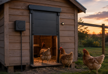 Timer vs Light Sensor Automatic Chicken Coop Door: Which Is Better? Automatic chicken coop door at dusk with timer and light sensor controls