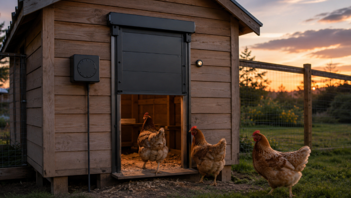 Automatic chicken coop door at dusk with timer and light sensor controls
